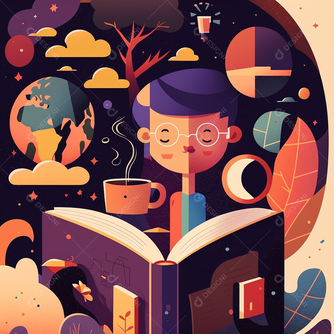 Ilustração do Dia Mundial do Livro dos desenhos animados de design plano. Livro aberto com histórias saindo das páginas. IA gerada. conceito de data comemorativa