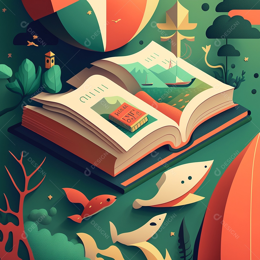 Ilustração do Dia Mundial do Livro dos desenhos animados de design plano. Livro aberto com histórias saindo das páginas. IA gerada. conceito de data comemorativa