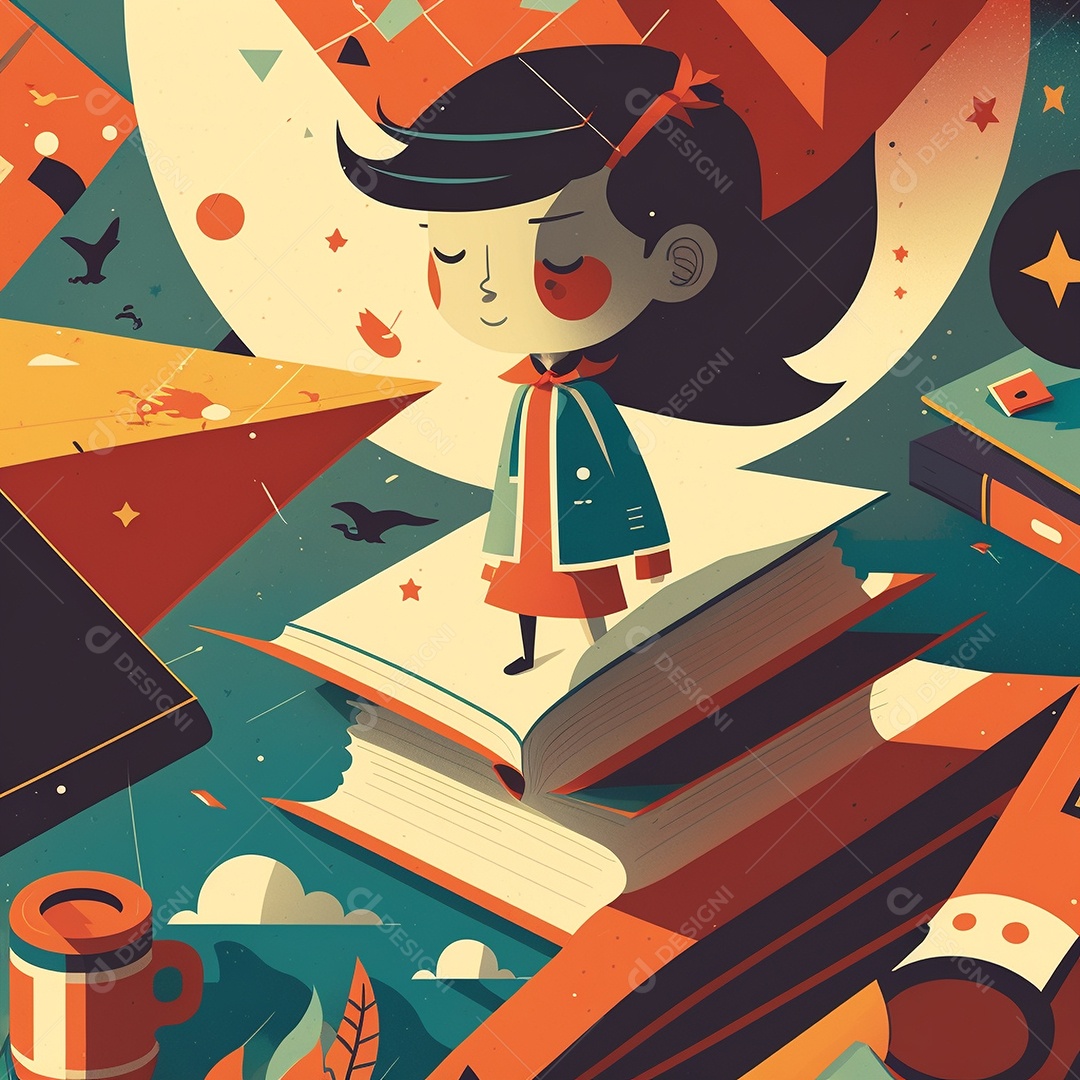 Ilustração do Dia Mundial do Livro dos desenhos animados de design plano. Livro aberto com histórias saindo das páginas. IA gerada. conceito de data comemorativa