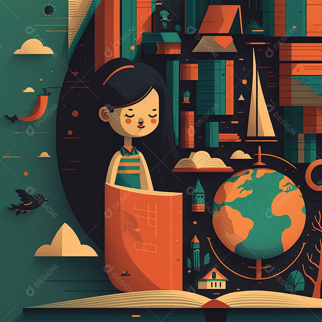 Ilustração do Dia Mundial do Livro dos desenhos animados de design plano. Livro aberto com histórias saindo das páginas. IA gerada. conceito de data comemorativa