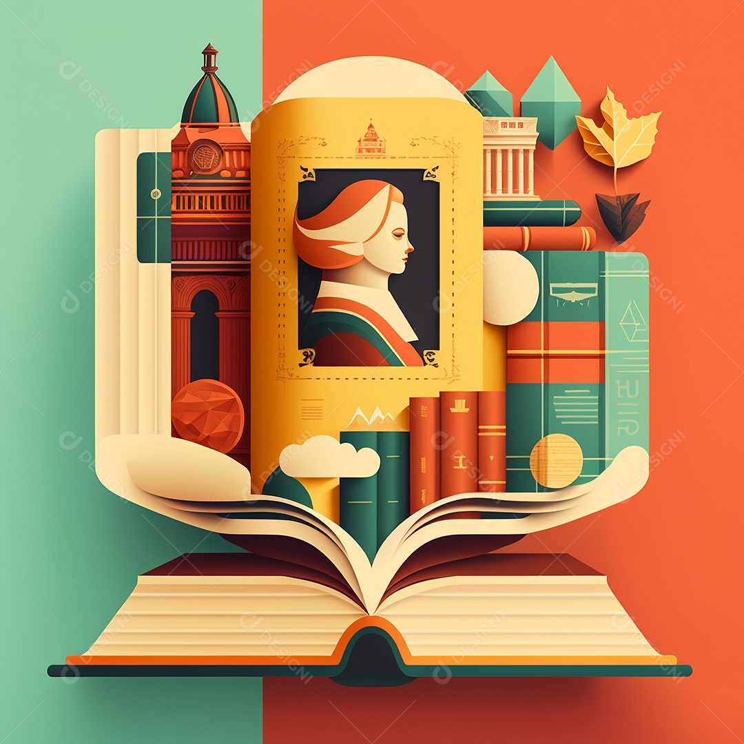 Ilustração do Dia Mundial do Livro dos desenhos animados de design plano. Livro aberto com histórias saindo das páginas. IA gerada. conceito de data comemorativa