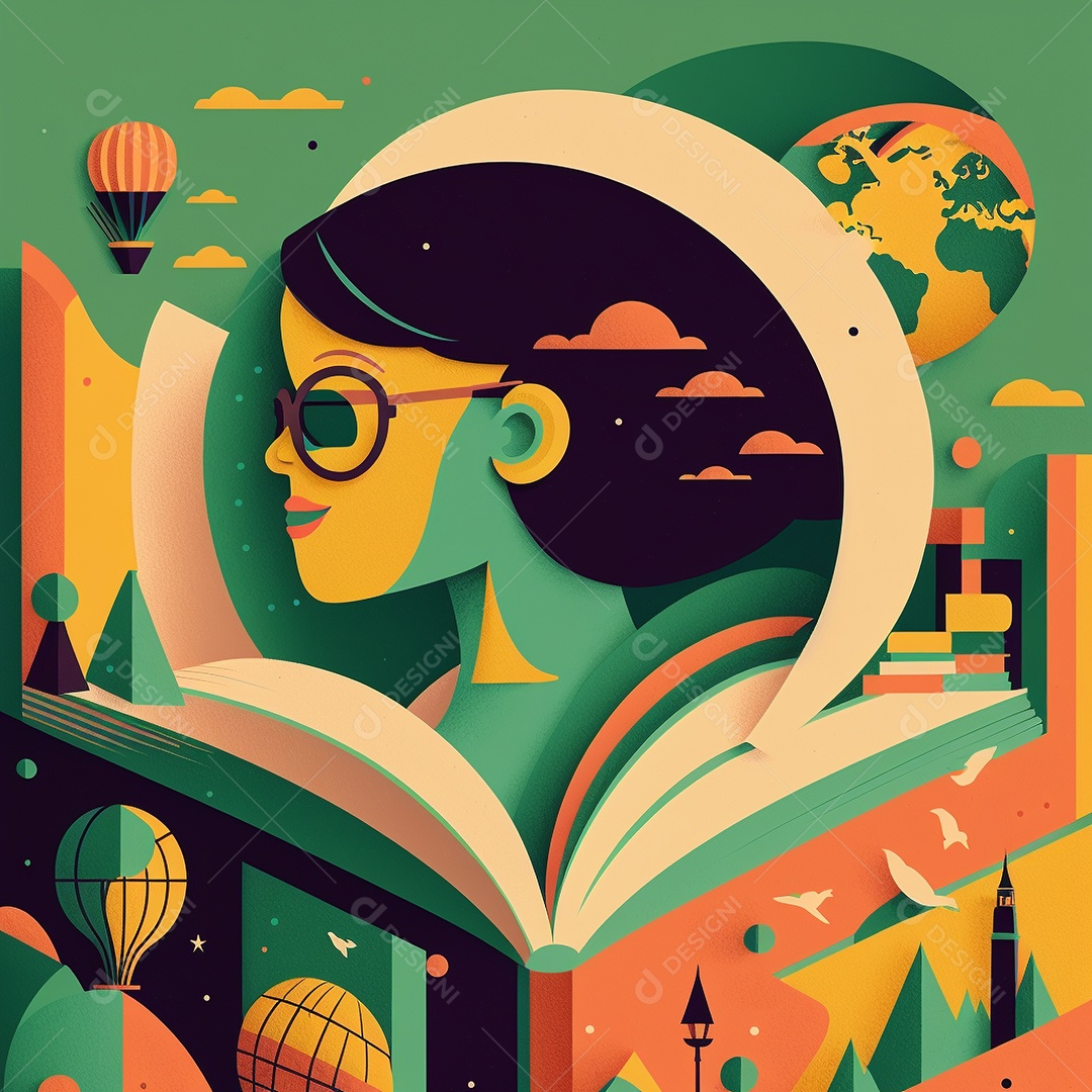 Ilustração do Dia Mundial do Livro dos desenhos animados de design plano. Livro aberto com histórias saindo das páginas. IA gerada. conceito de data comemorativa