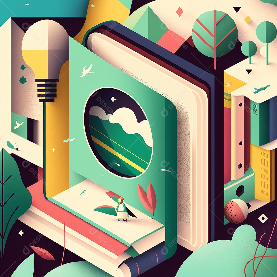 Ilustração do Dia Mundial do Livro dos desenhos animados de design plano. Livro aberto com histórias saindo das páginas. IA gerada. conceito de data comemorativa