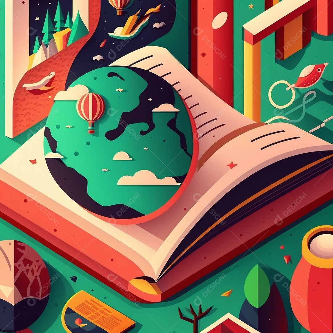 Ilustração do Dia Mundial do Livro dos desenhos animados de design plano. Livro aberto com histórias saindo das páginas. IA gerada. conceito de data comemorativa