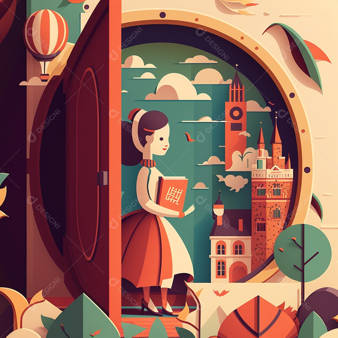 Ilustração do Dia Mundial do Livro dos desenhos animados de design plano. Livro aberto com histórias saindo das páginas. IA gerada. conceito de data comemorativa