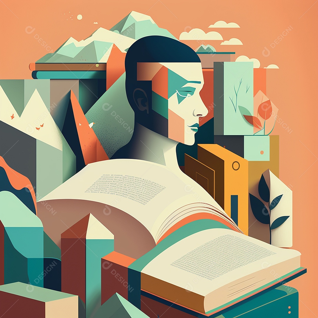 Ilustração do Dia Mundial do Livro dos desenhos animados de design plano. Livro aberto com histórias saindo das páginas. IA gerada. conceito de data comemorativa