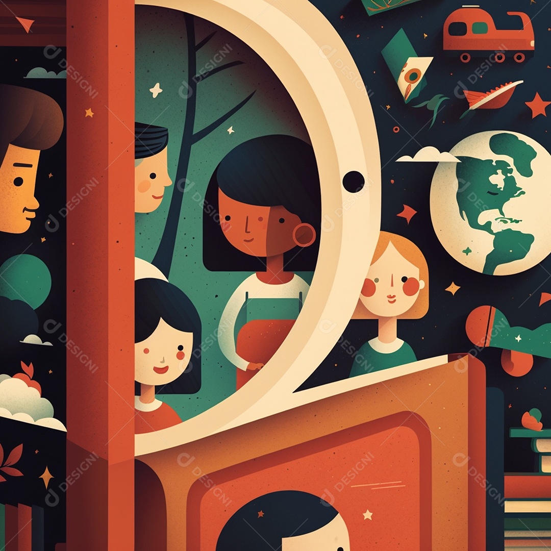 Ilustração do Dia Mundial do Livro dos desenhos animados de design plano. Livro aberto com histórias saindo das páginas. IA gerada. conceito de data comemorativa