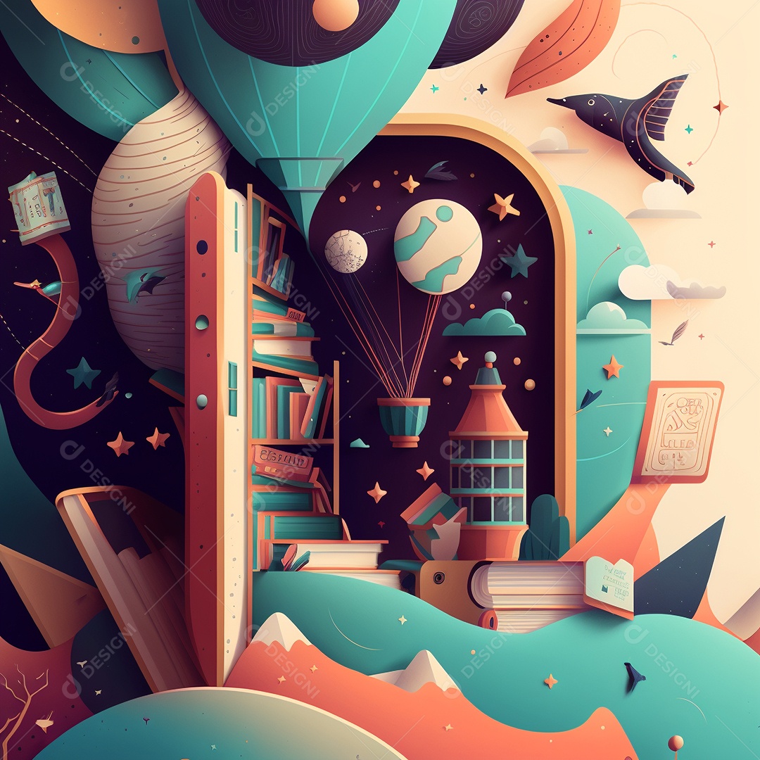 Ilustração do Dia Mundial do Livro dos desenhos animados de design plano. Livro aberto com histórias saindo das páginas. IA gerada. conceito de data comemorativa