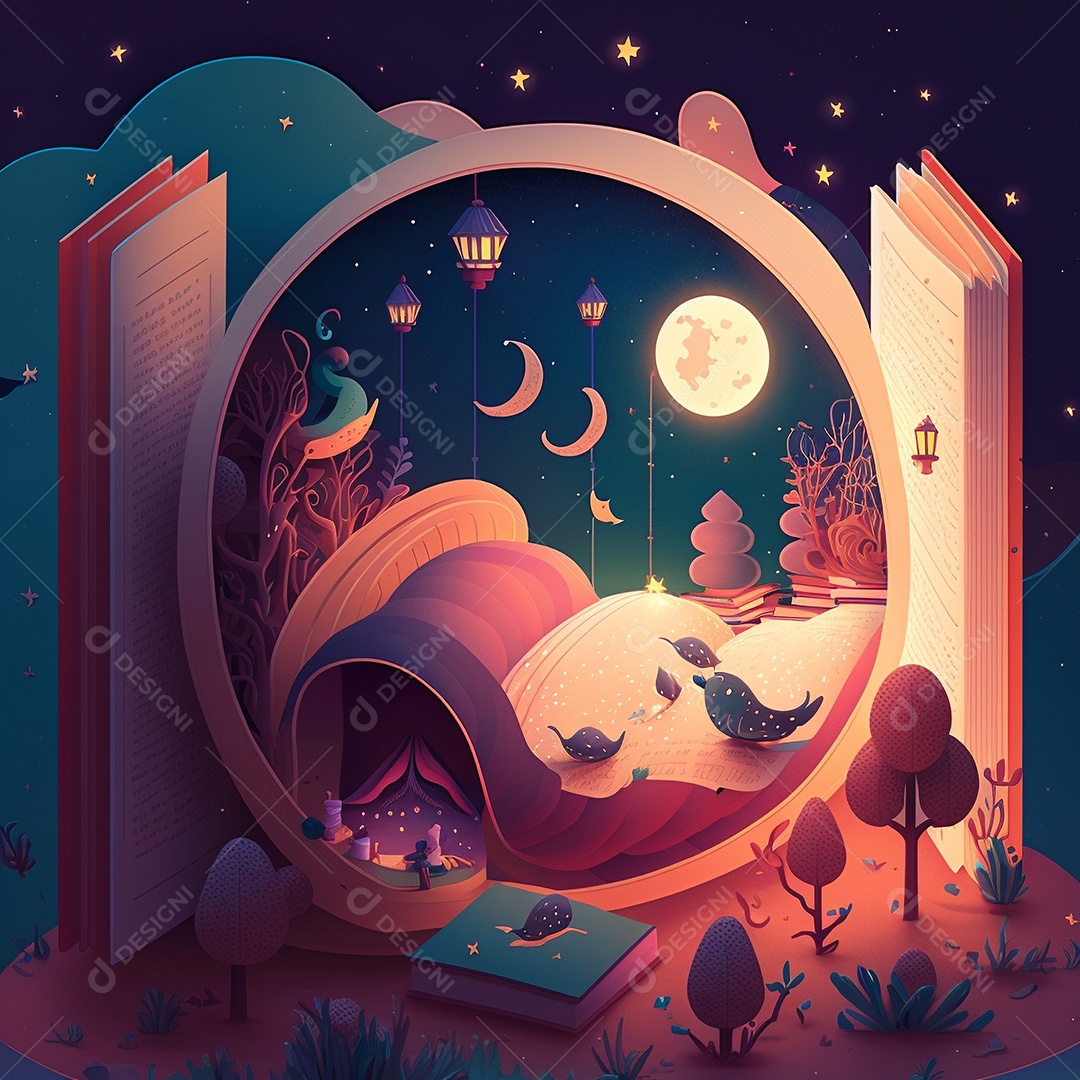 Ilustração do Dia Mundial do Livro dos desenhos animados de design plano. Livro aberto com histórias saindo das páginas. IA gerada. conceito de data comemorativa