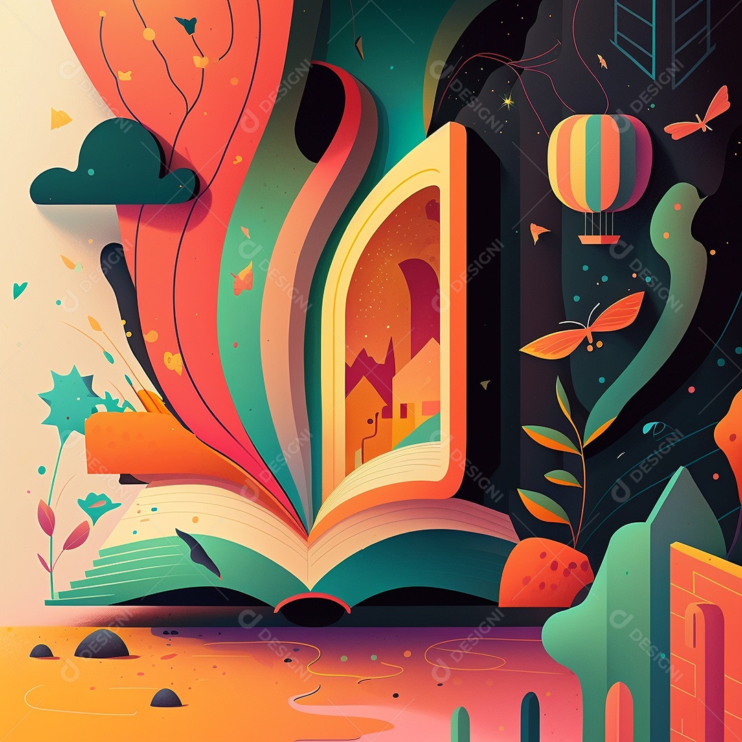 Ilustração do Dia Mundial do Livro dos desenhos animados de design plano. Livro aberto com histórias saindo das páginas. IA gerada. conceito de data comemorativa