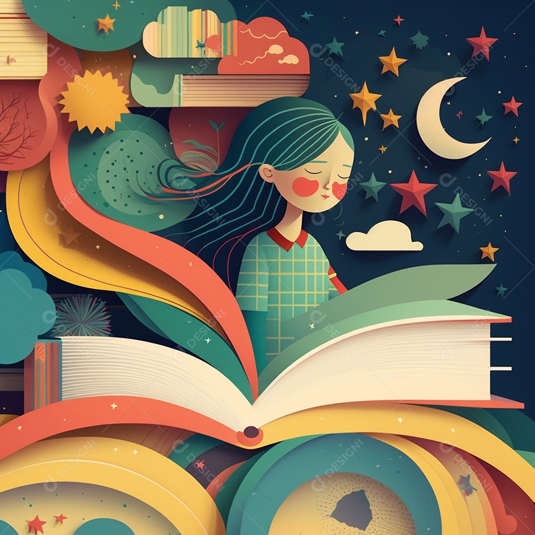 Ilustração do Dia Mundial do Livro dos desenhos animados de design plano. Livro aberto com histórias saindo das páginas. IA gerada. conceito de data comemorativa