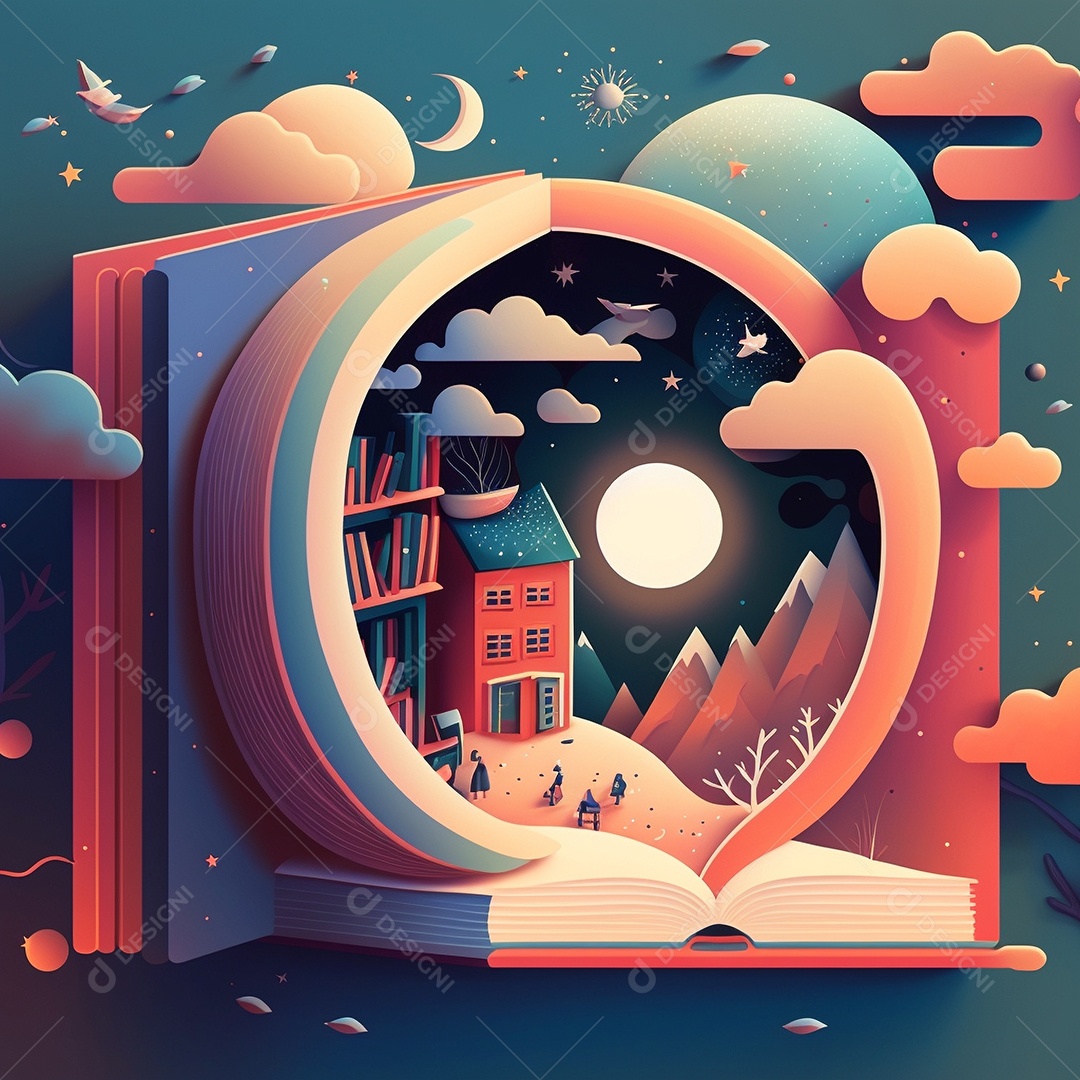 Ilustração do Dia Mundial do Livro dos desenhos animados de design plano. Livro aberto com histórias saindo das páginas. IA gerada. conceito de data comemorativa