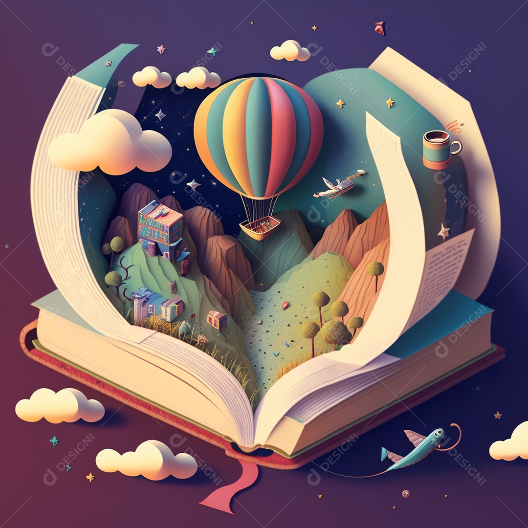 Ilustração do Dia Mundial do Livro dos desenhos animados de design plano. Livro aberto com histórias saindo das páginas. IA gerada. conceito de data comemorativa