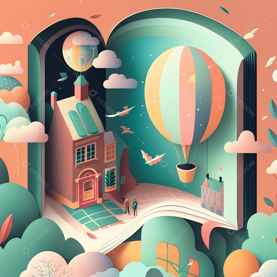 Ilustração do Dia Mundial do Livro dos desenhos animados de design plano. Livro aberto com histórias saindo das páginas. IA gerada. conceito de data comemorativa