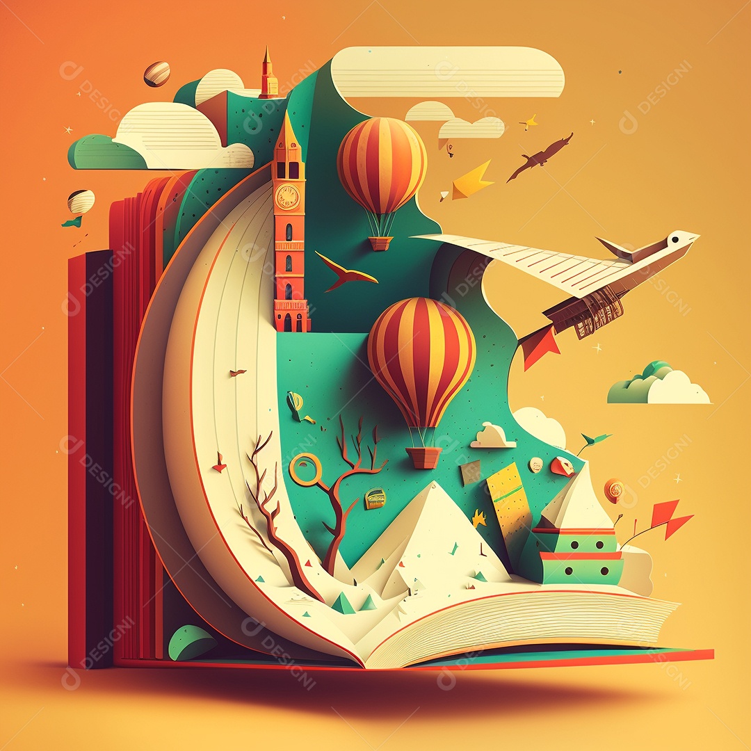 Ilustração do Dia Mundial do Livro dos desenhos animados de design plano. Livro aberto com histórias saindo das páginas. IA gerada. conceito de data comemorativa