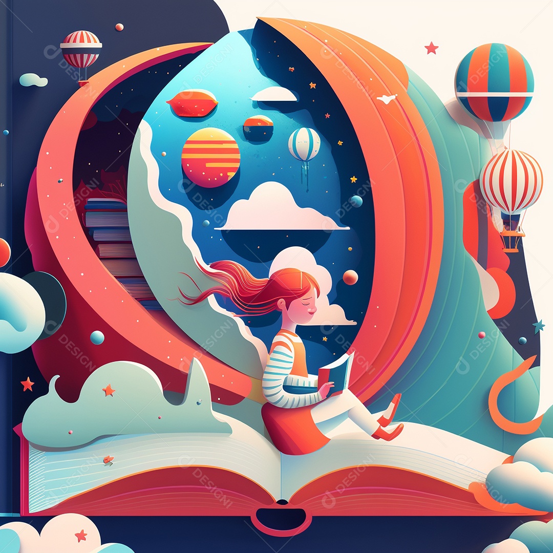 Ilustração do Dia Mundial do Livro dos desenhos animados de design plano. Livro aberto com histórias saindo das páginas. IA gerada. conceito de data comemorativa