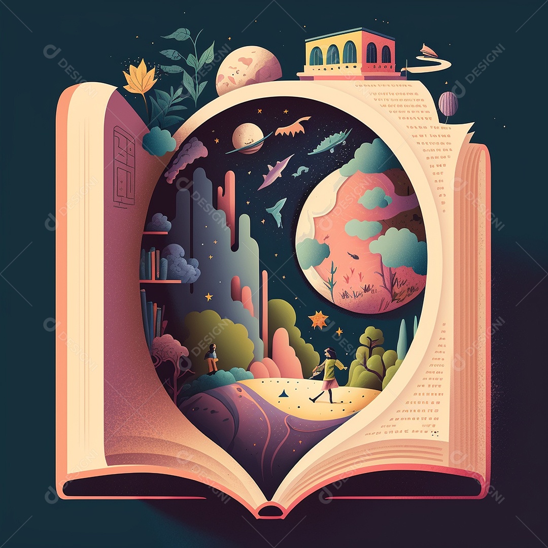 Ilustração do Dia Mundial do Livro dos desenhos animados de design plano. Livro aberto com histórias saindo das páginas. IA gerada. conceito de data comemorativa