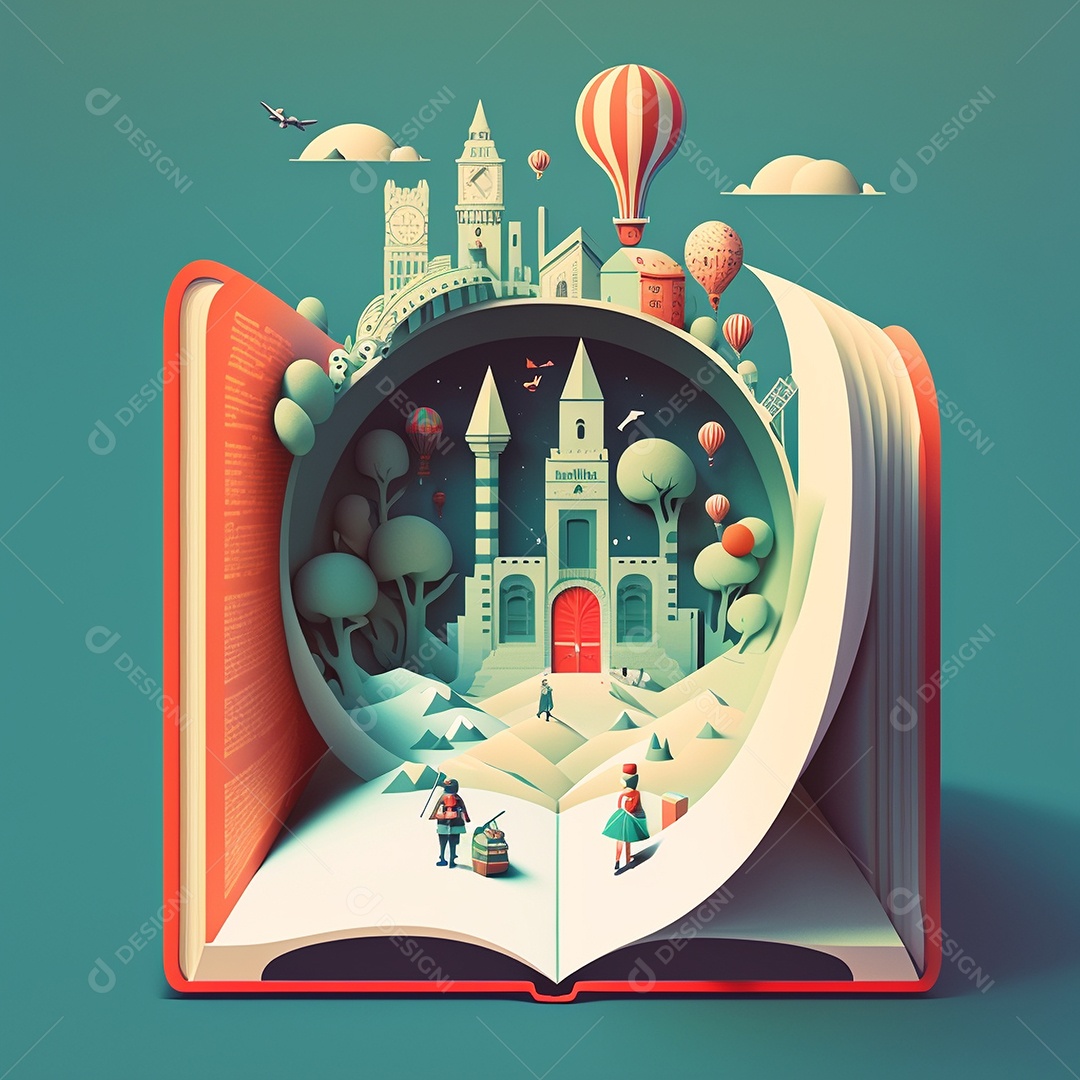 Ilustração do Dia Mundial do Livro dos desenhos animados de design plano. Livro aberto com histórias saindo das páginas. IA gerada. conceito de data comemorativa