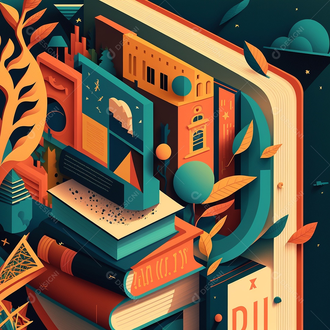 Ilustração do Dia Mundial do Livro dos desenhos animados de design plano. Livro aberto com histórias saindo das páginas. IA gerada. conceito de data comemorativa