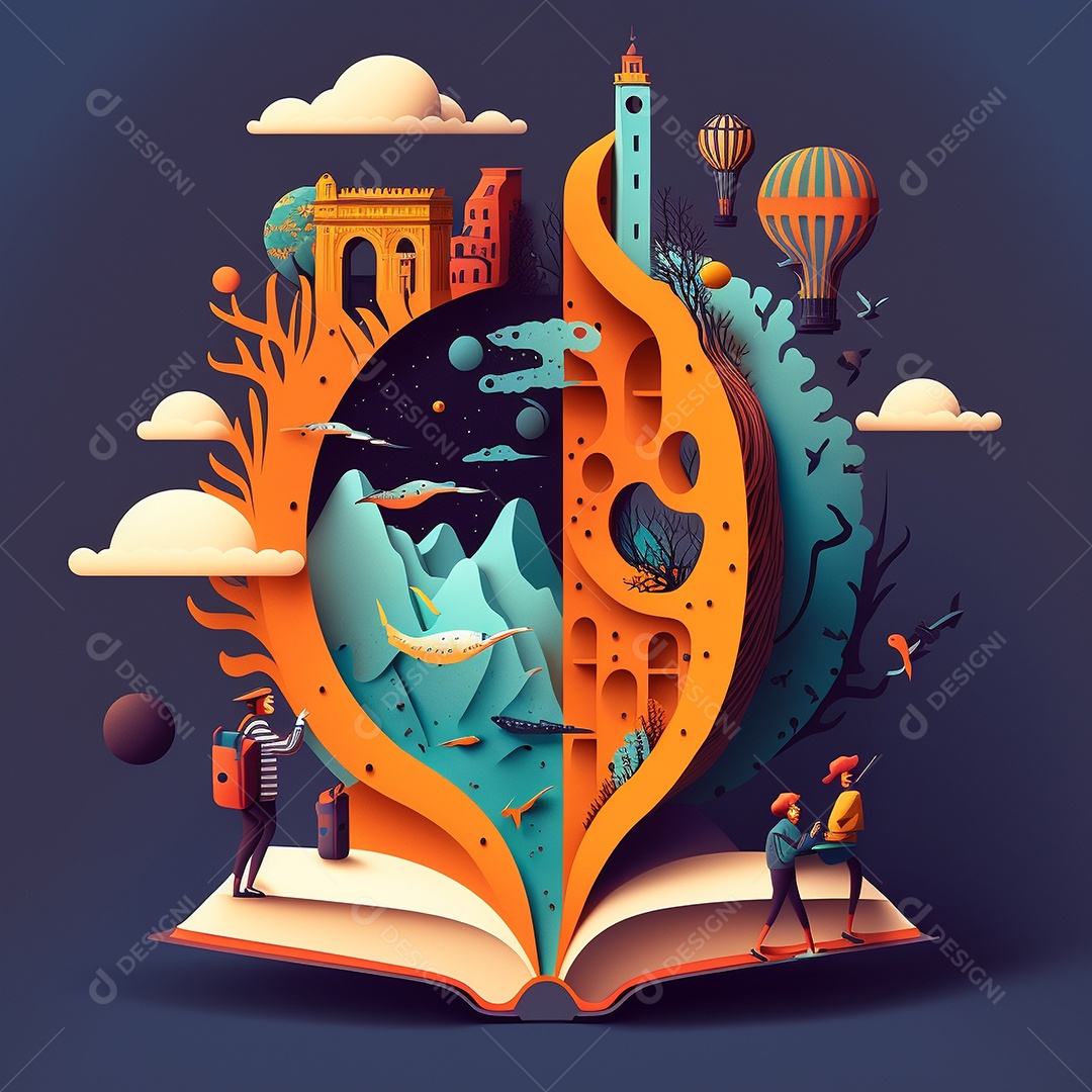 Ilustração do Dia Mundial do Livro dos desenhos animados de design plano. Livro aberto com histórias saindo das páginas. IA gerada. conceito de data comemorativa