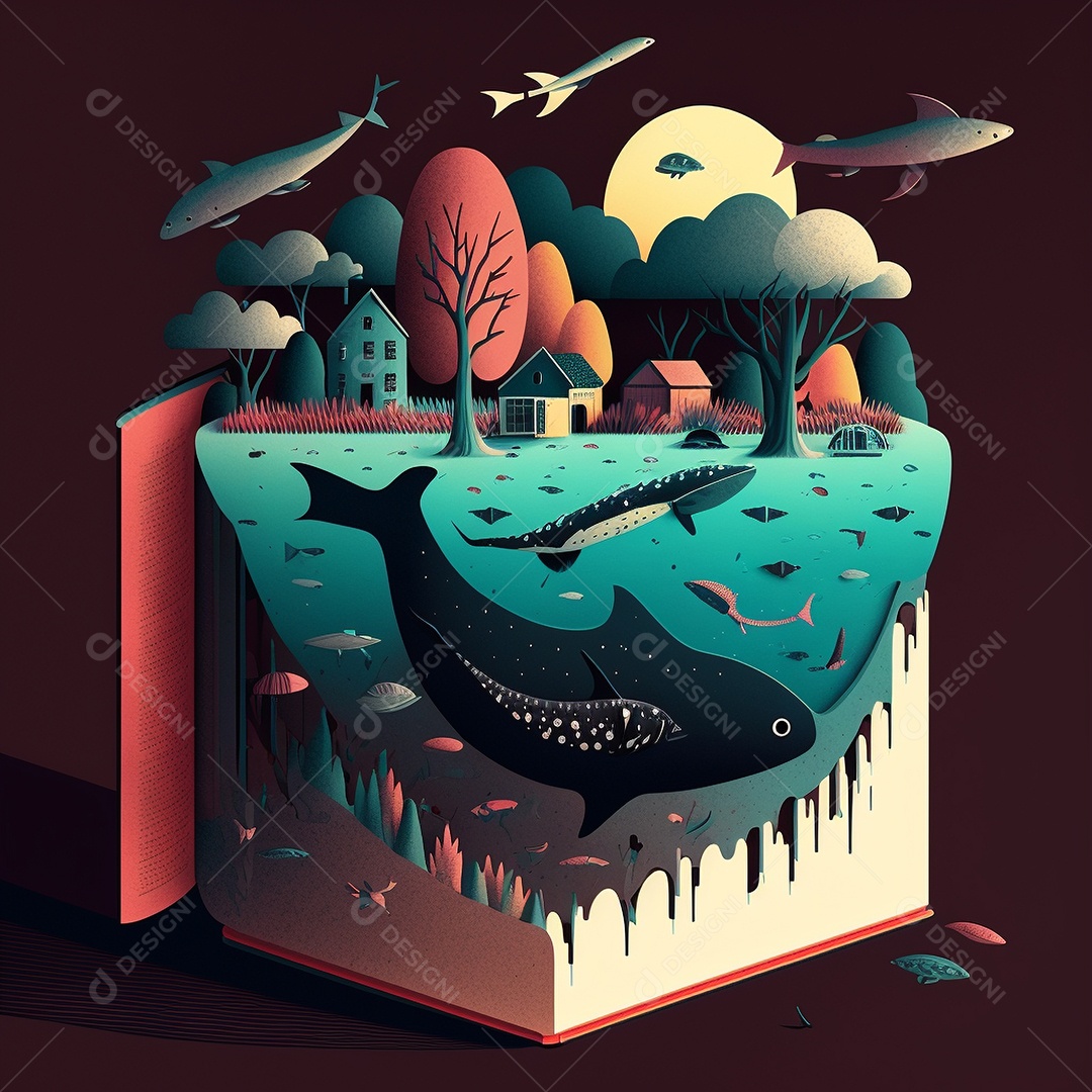 Ilustração do Dia Mundial do Livro dos desenhos animados de design plano. Livro aberto com histórias saindo das páginas. IA gerada. conceito de data comemorativa