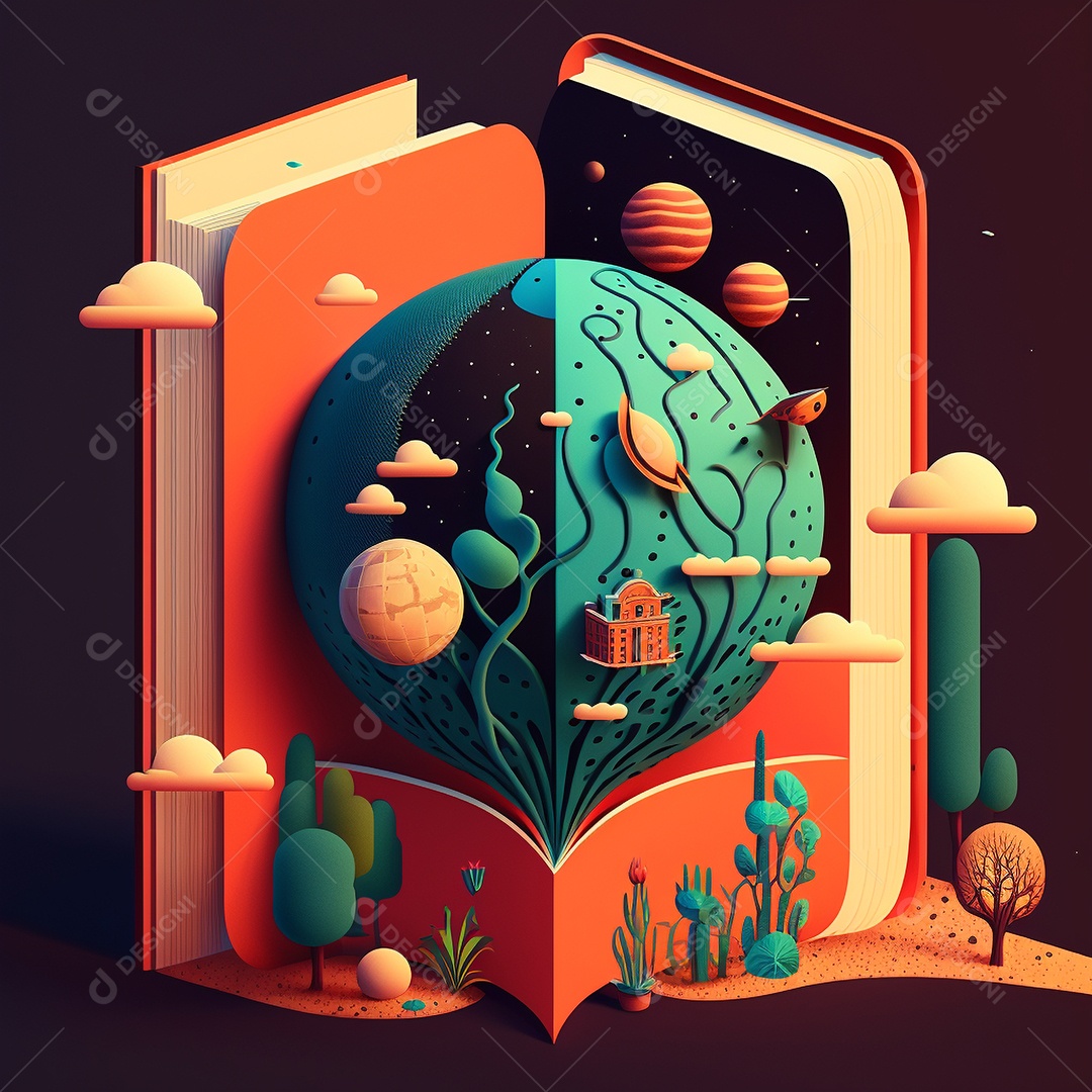 Ilustração do Dia Mundial do Livro dos desenhos animados de design plano. Livro aberto com histórias saindo das páginas. IA gerada. conceito de data comemorativa