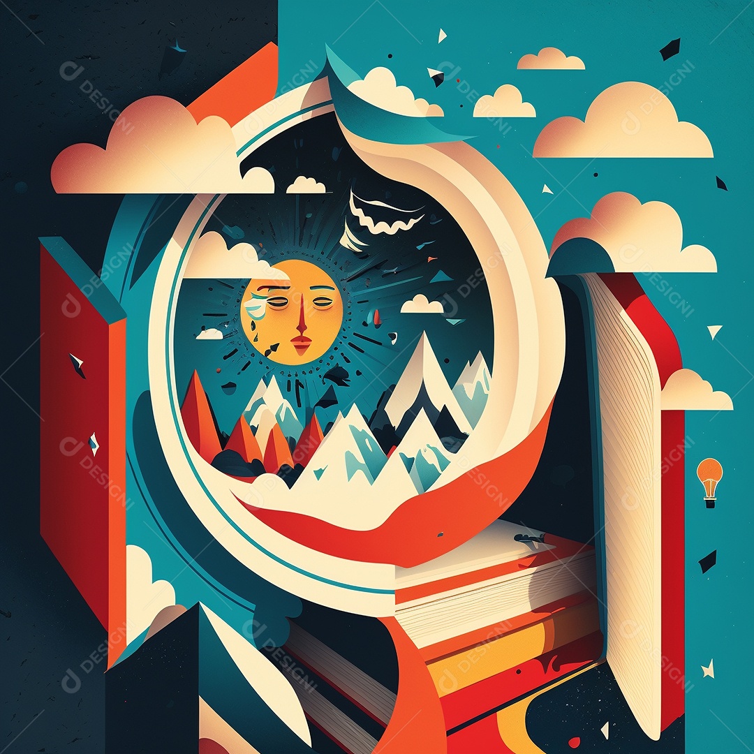 Ilustração do Dia Mundial do Livro dos desenhos animados de design plano. Livro aberto com histórias saindo das páginas. IA gerada. conceito de data comemorativa