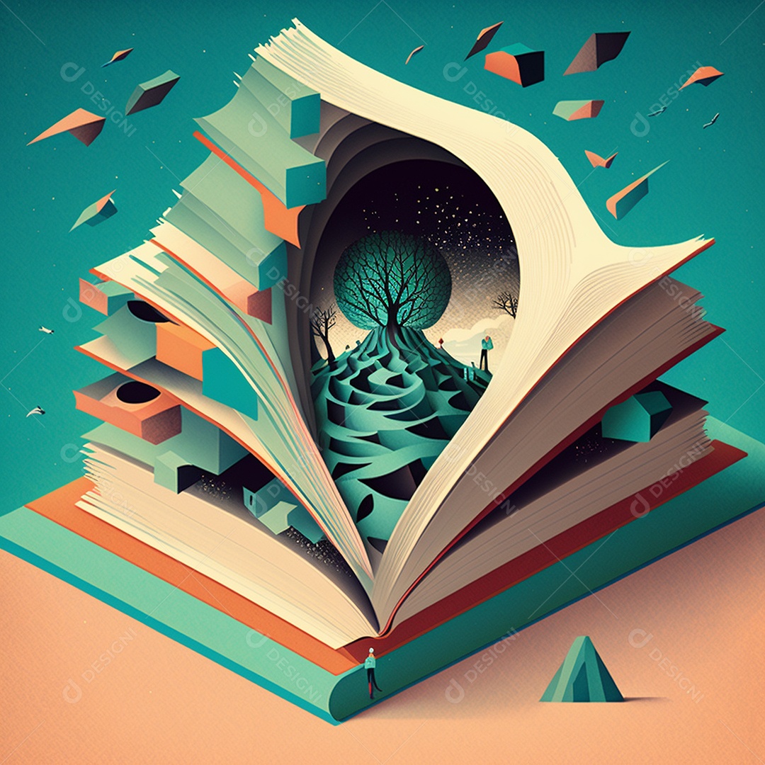 Ilustração do Dia Mundial do Livro dos desenhos animados de design plano. Livro aberto com histórias saindo das páginas. IA gerada. conceito de data comemorativa