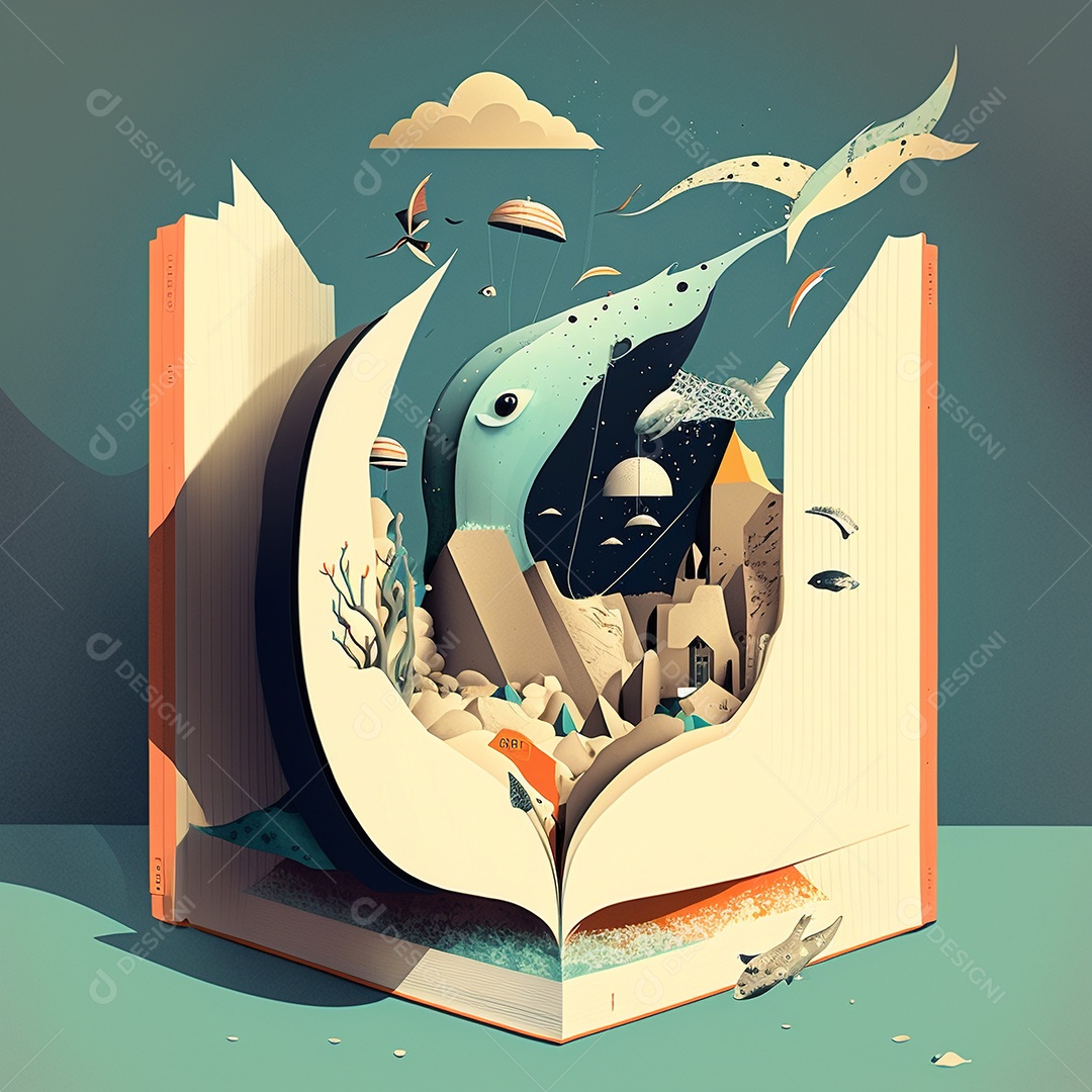 Ilustração do Dia Mundial do Livro dos desenhos animados de design plano. Livro aberto com histórias saindo das páginas. IA gerada. conceito de data comemorativa