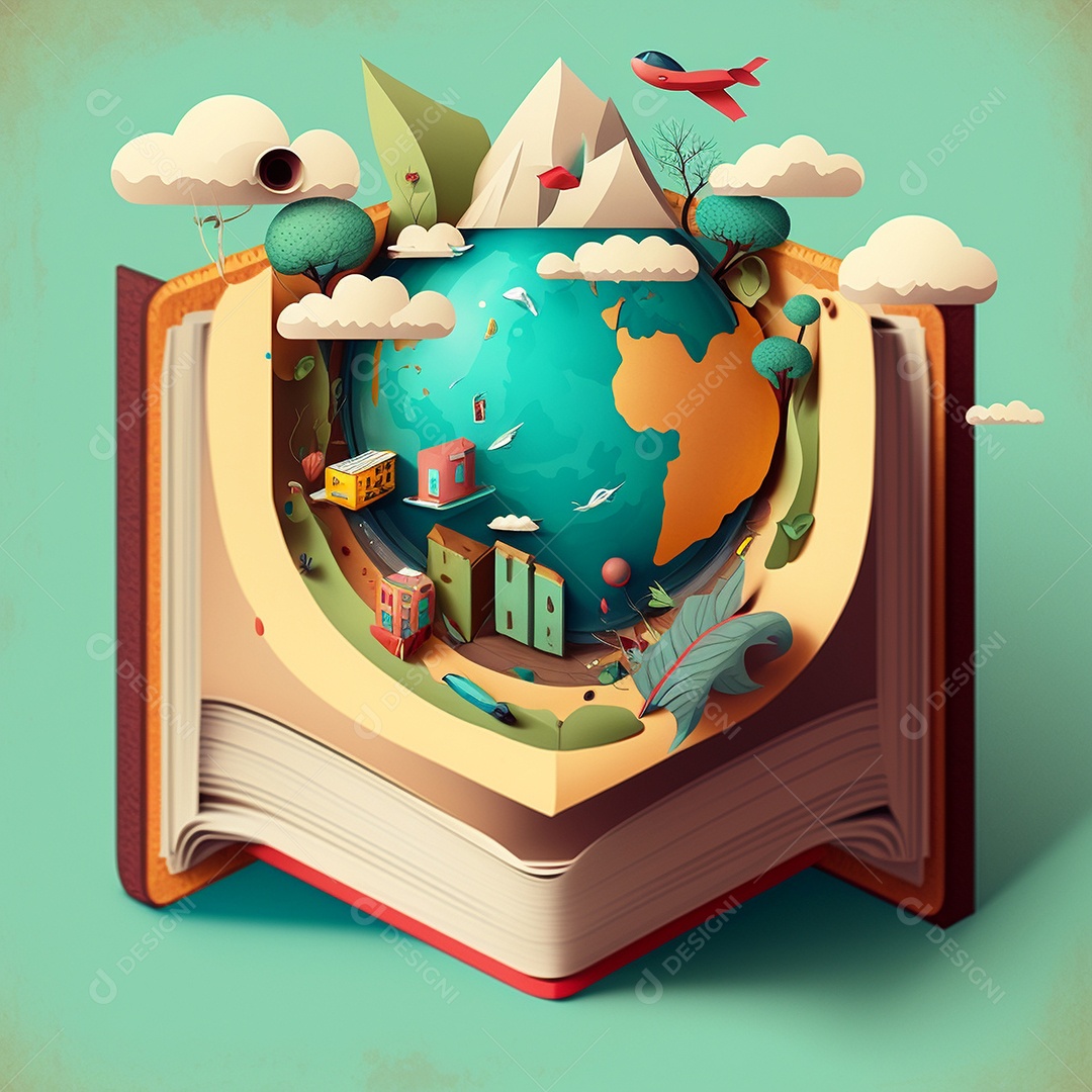 Ilustração do Dia Mundial do Livro dos desenhos animados de design plano. Livro aberto com histórias saindo das páginas. IA gerada. conceito de data comemorativa