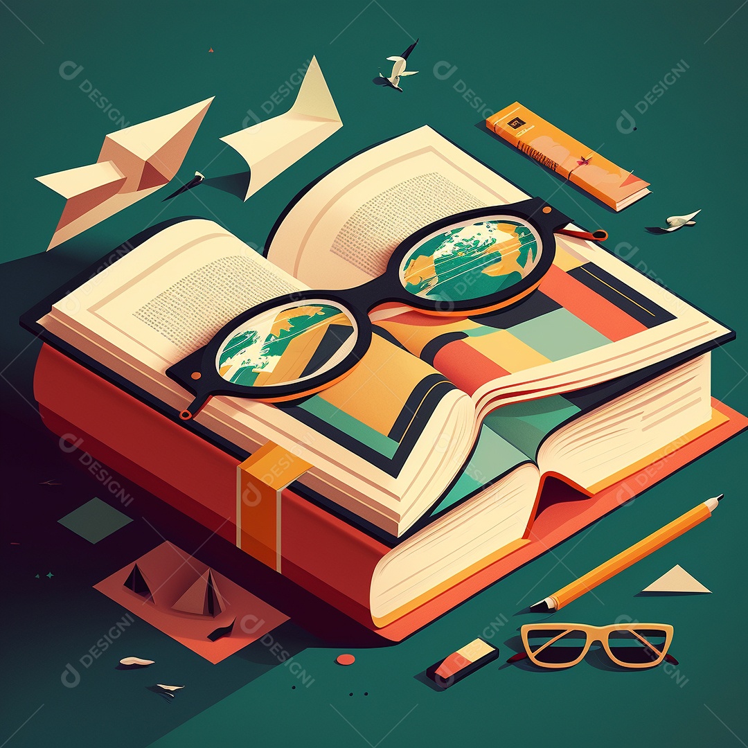 Ilustração do Dia Mundial do Livro dos desenhos animados de design plano. Livro aberto com histórias saindo das páginas. IA gerada. conceito de data comemorativa