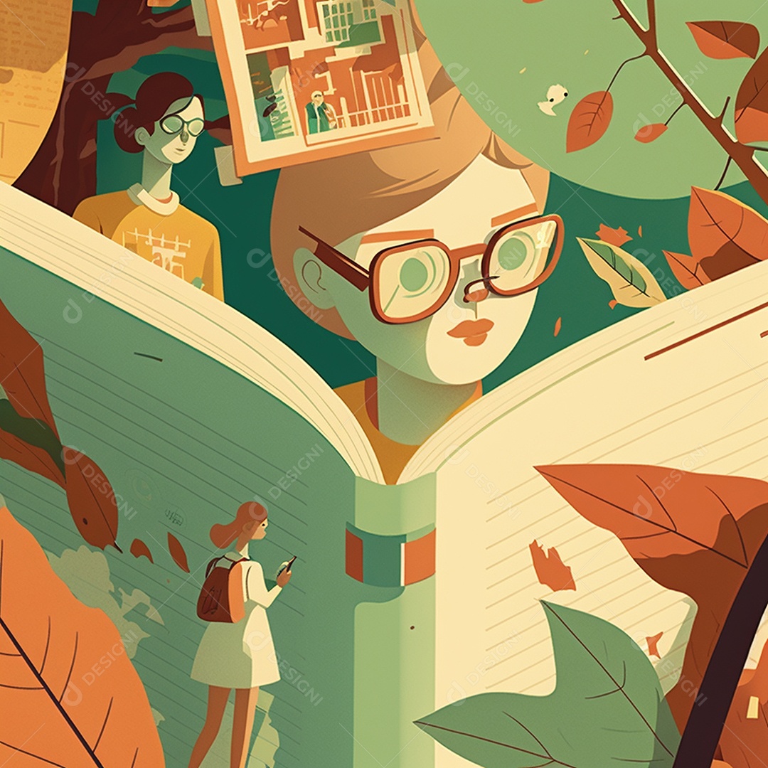 Ilustração do Dia Mundial do Livro dos desenhos animados de design plano. Livro aberto com histórias saindo das páginas. IA gerada. conceito de data comemorativa