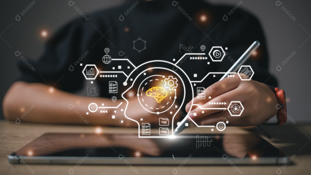 Interface de tela virtual de tecnologia futura. Empresário de mão segurando interface de tela AI Conceito de inteligência artificial.