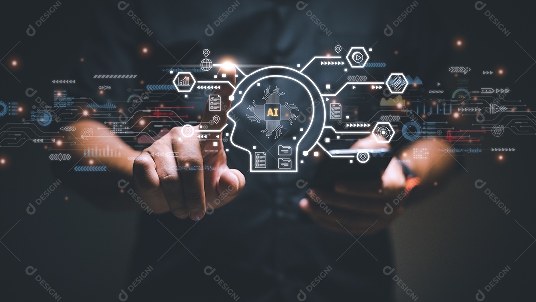 Interface de tela virtual de tecnologia futura. Empresário de mão segurando interface de tela AI Conceito de inteligência artificial.