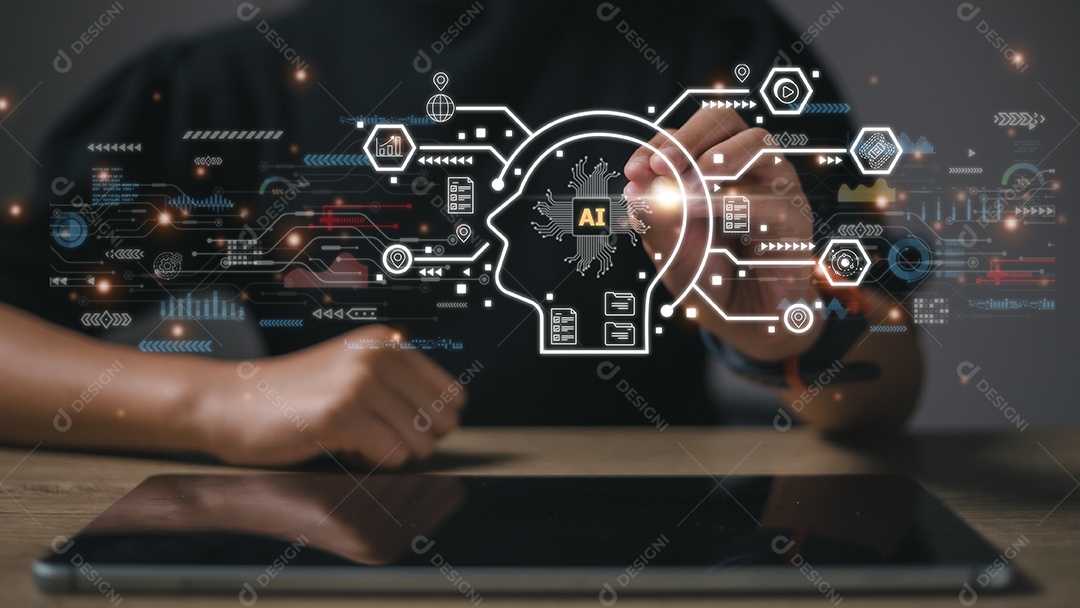 Interface de tela virtual de tecnologia futura. Empresário de mão segurando interface de tela AI Conceito de inteligência artificial.