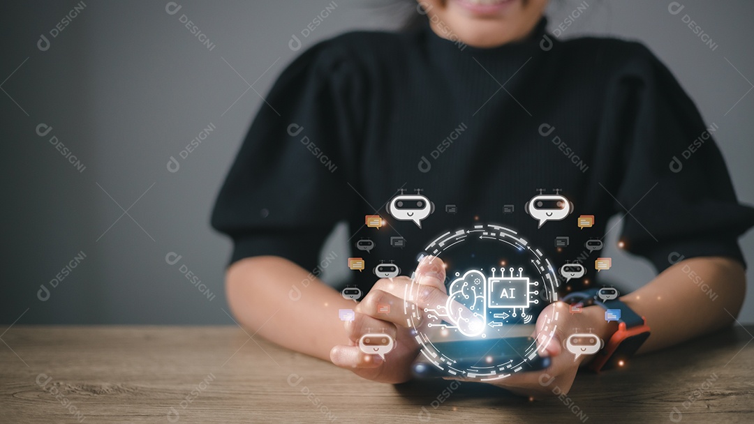 Empresária usando chatbot em inteligência inteligente de computador Ai. Bate-papo GPT Chat com AI Inteligência Artificial, desenvolvido pela OpenAI gerar. Tecnologia futurista, robô no sistema online.