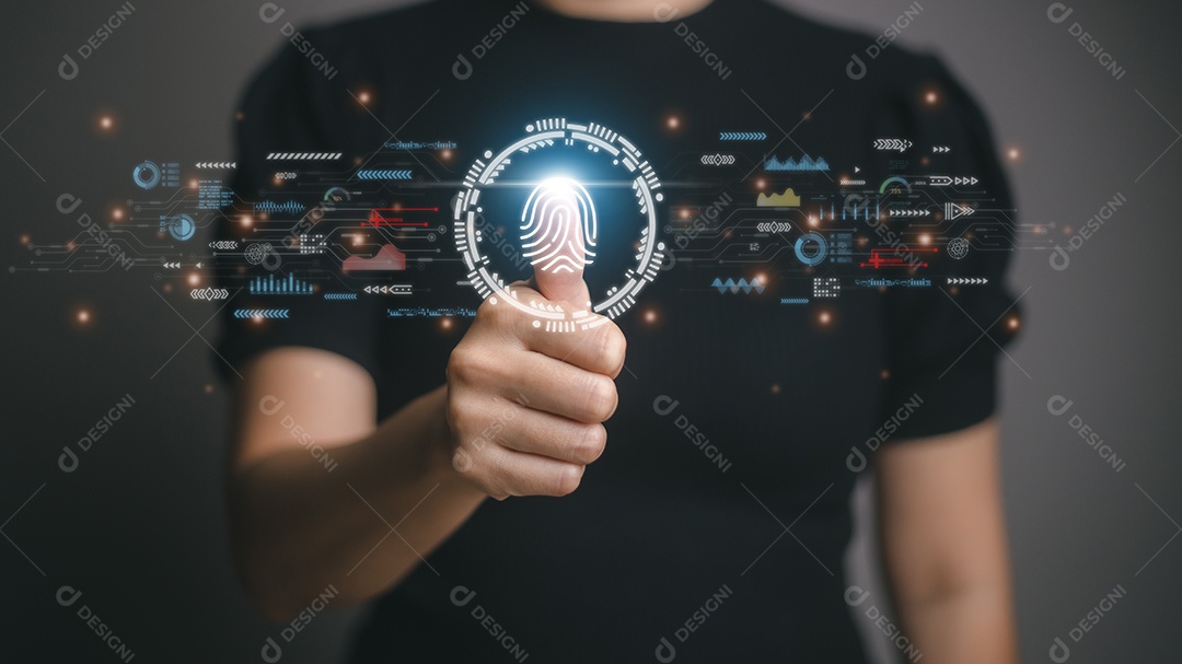 Identificação de impressão digital para acessar dados financeiros pessoais. A ideia para E-KYC eletrônico conheça seu cliente, segurança biométrica, inovação tecnológica contra o cibercrime digital