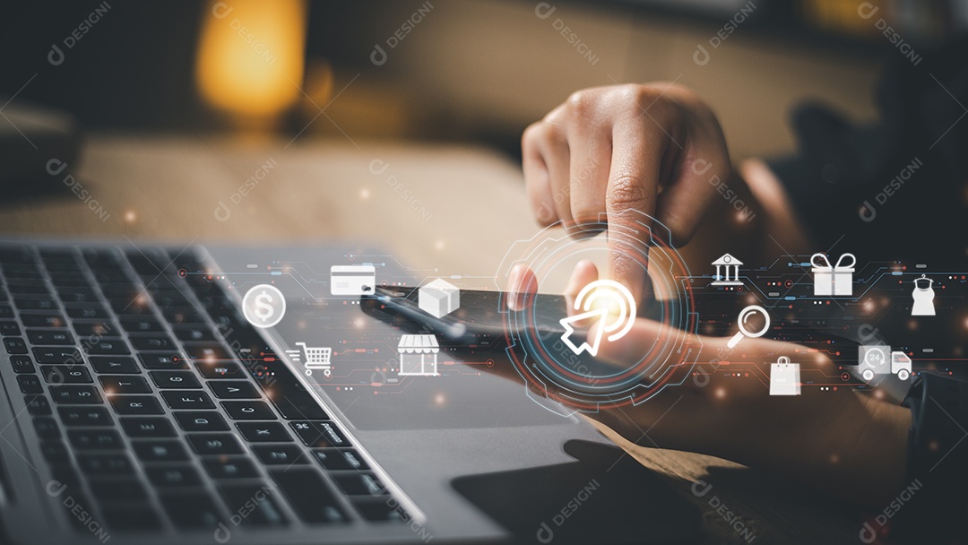 Acesse o conceito de pagamento on-line. Mão de mulher usando smartphones, serviços bancários e compras on-line por meio de aplicativos móveis bancários, transações eletrônicas e tecnologia financeira, pagamento on-line de entrega de comércio eletrônic