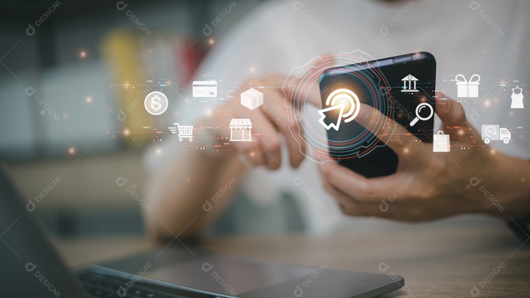 Acesse o conceito de pagamento on-line. Mão de mulher usando smartphones, serviços bancários e compras on-line por meio de aplicativos móveis bancários, transações eletrônicas e tecnologia financeira, pagamento on-line de entrega de comércio eletrônic