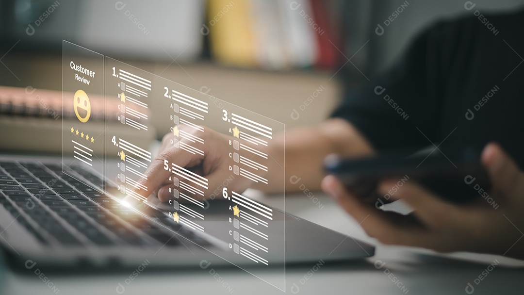 Experiências do cliente dando revisão de opinião de cinco estrelas, conceito de revisão de feedback de satisfação do cliente. Experiência em atendimento ao cliente e satisfação comercial.