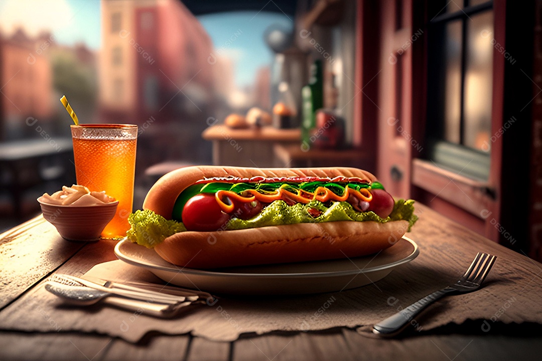 Delicioso cachorro quente no prato com lanchonete desfocada ao fundo