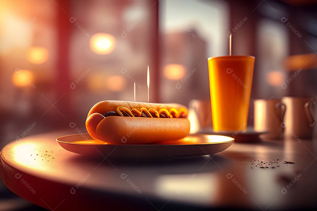 Delicioso cachorro quente no prato com lanchonete desfocada ao fundo