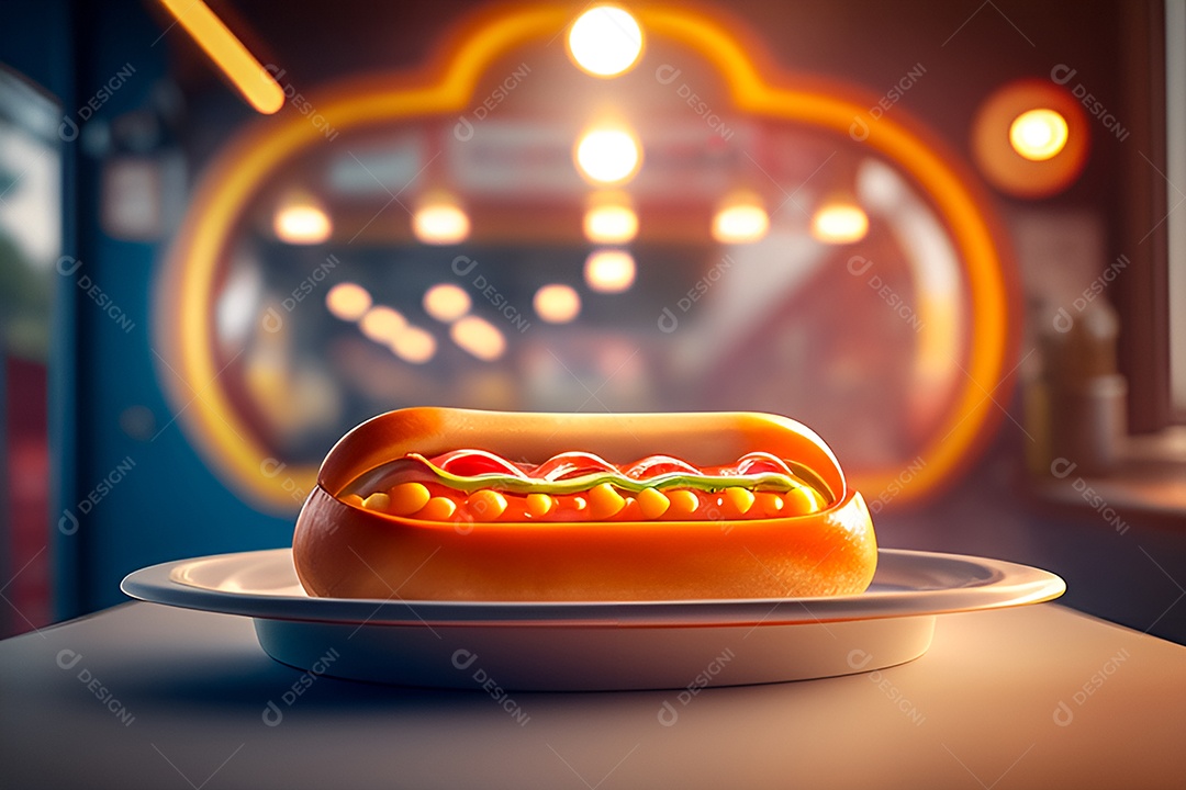 Delicioso cachorro quente no prato com lanchonete desfocada ao fundo