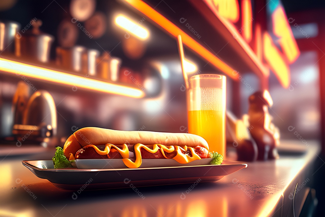 Delicioso cachorro quente no prato com lanchonete desfocada ao fundo