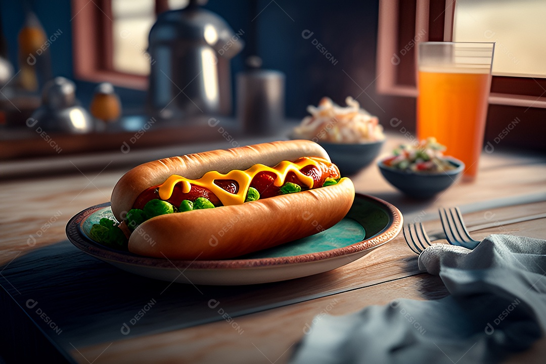 Delicioso cachorro quente no prato com lanchonete desfocada ao fundo