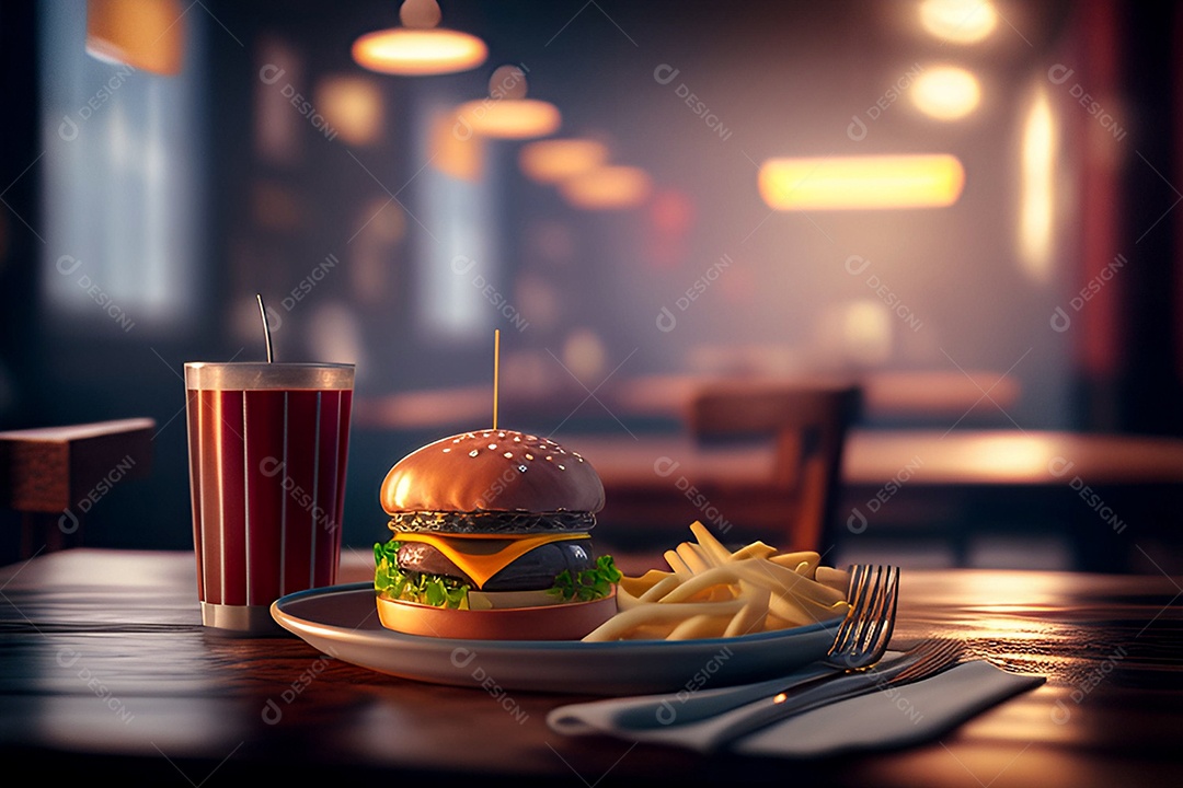 Fantástico hambuguer com com batatas fritas e luzes ao fundo