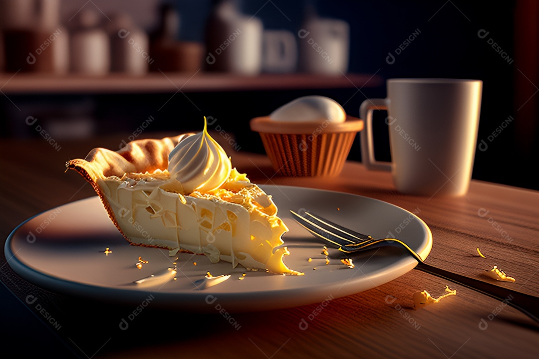 Incrível pedaço de torta decorado e fundo desfocado