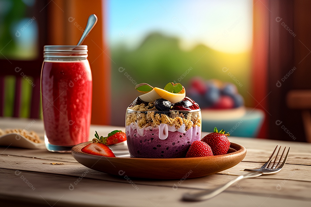 Incrível tigela de açaí com suco e frutas