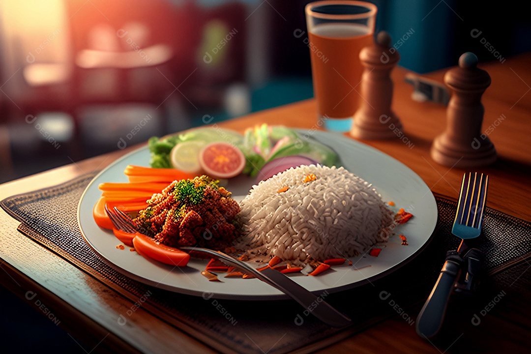 Lindo prato com arroz carne e salada e cenoura