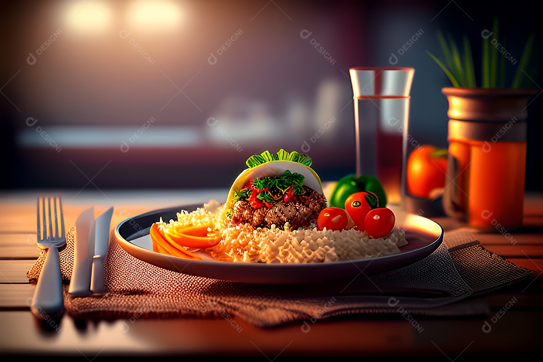 Lindo prato com arroz carne fritas